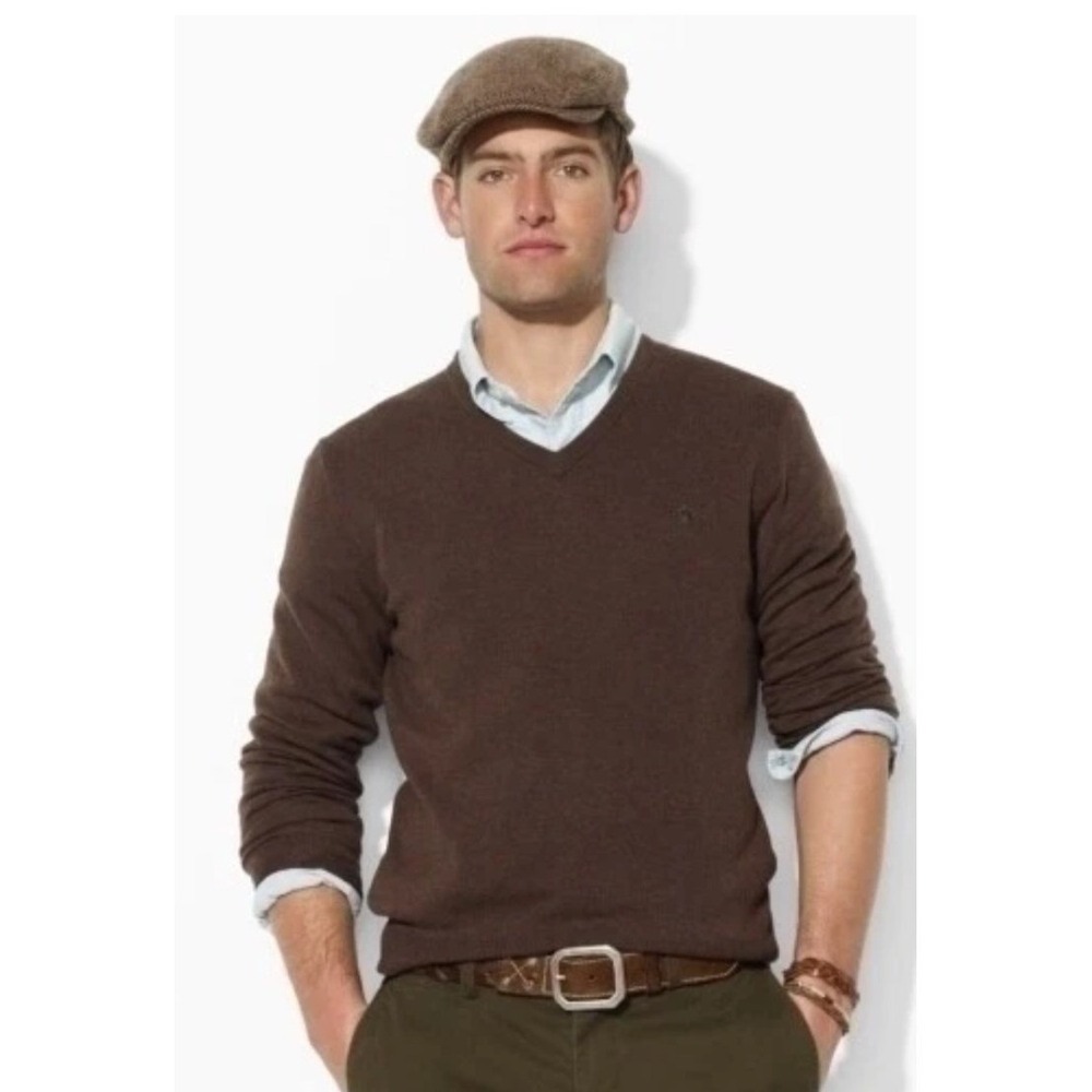 Polo Ralph Lauren Mens Brown Pima Cotton V Neck Sweater Pony Logo Size Large